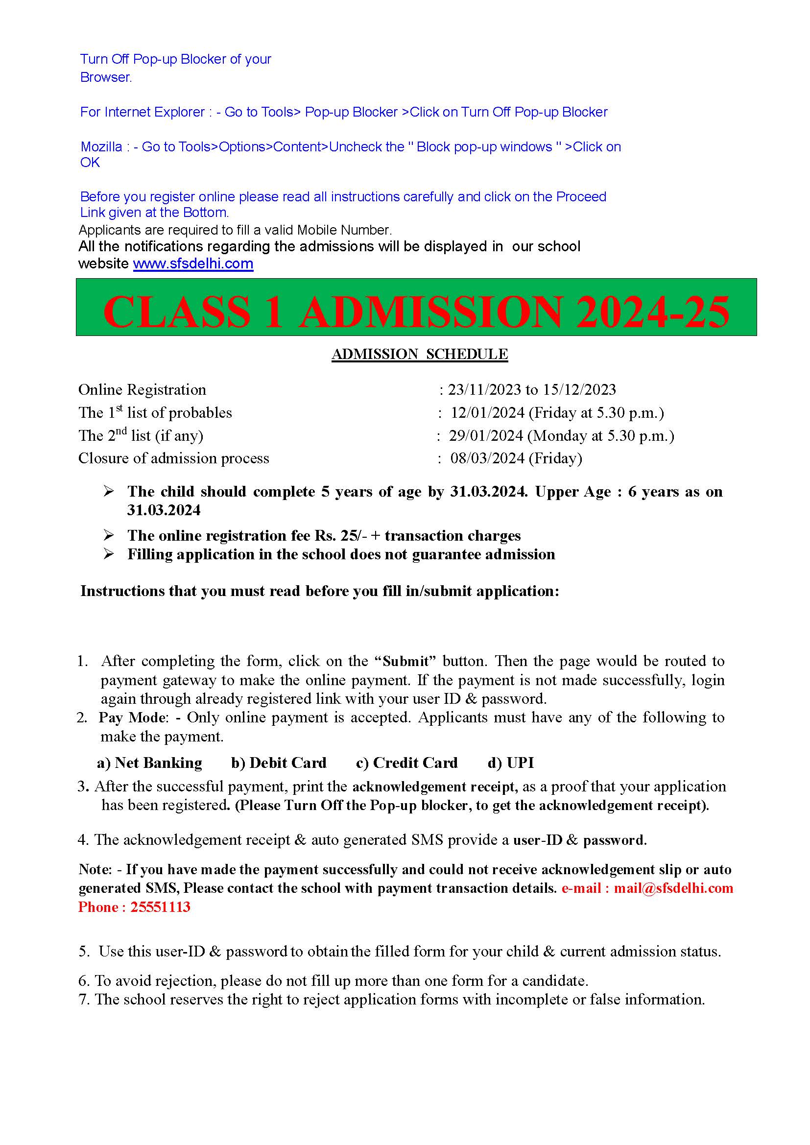 class of admission sa1